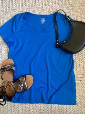 LLBean‎ Womens V Neck Short Sleeve Blue Pima Cotton TShirt